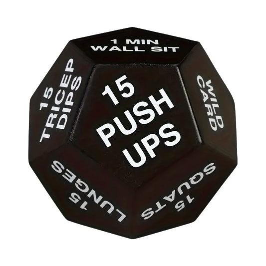 Black 12-sided stress ball with white '15 PUSH UPS' text on multiple facets
