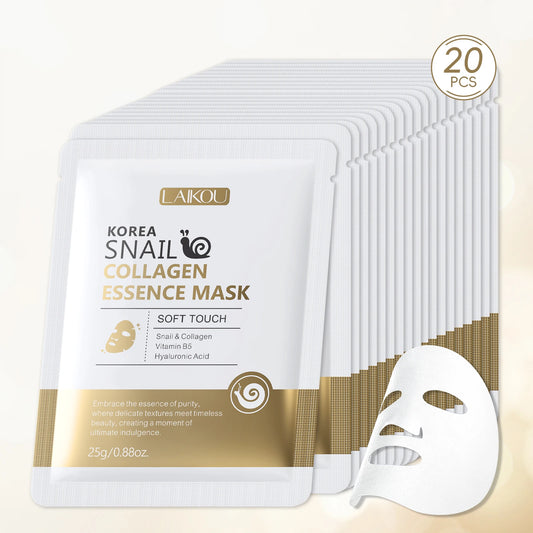 Snail collagen gel mask sachets, 20-count pack with gold-accent labels
