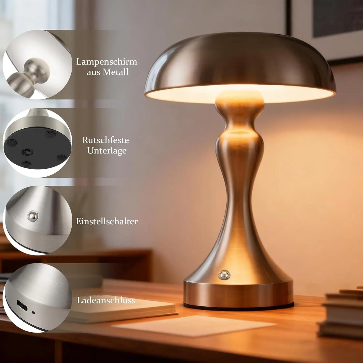 Table lamp, wireless battery-powered bedside lamp, LED table lamp, touch‑dimmable, retro vintage lamp with USB rechargeable nickel battery, table lamps for windowsill, living room, bedroom