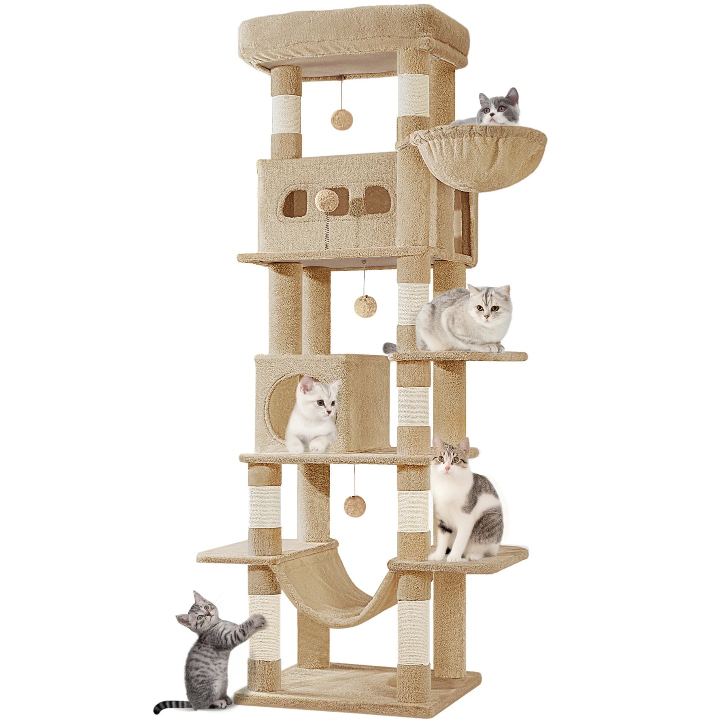 Cat Tree for Indoor Cats, 170 cm Large Tall Cat Tower, Multi-Level Cats House with Condo, 8 Scratching Posts, Hammock, 4 Pom Pom - PrimeNest
