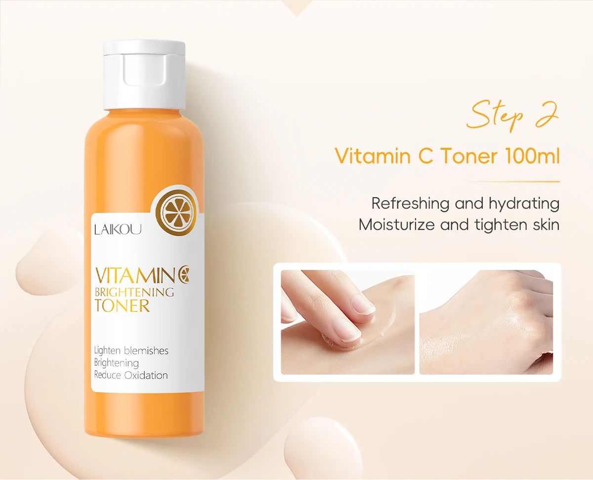 LAIKOU VITAMIN C Skincare Set Brightening 5Pcs Kit Even Skin Tone Smooth Wrinkle Tighten Pores Cleanser Toner Serum Eye Cream - PrimeNest