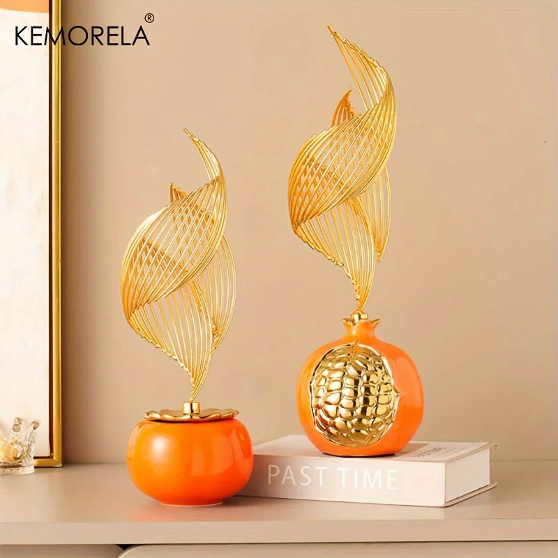 Nordic ceramic figurine with orange globe base and gold wire flame ornaments on stand