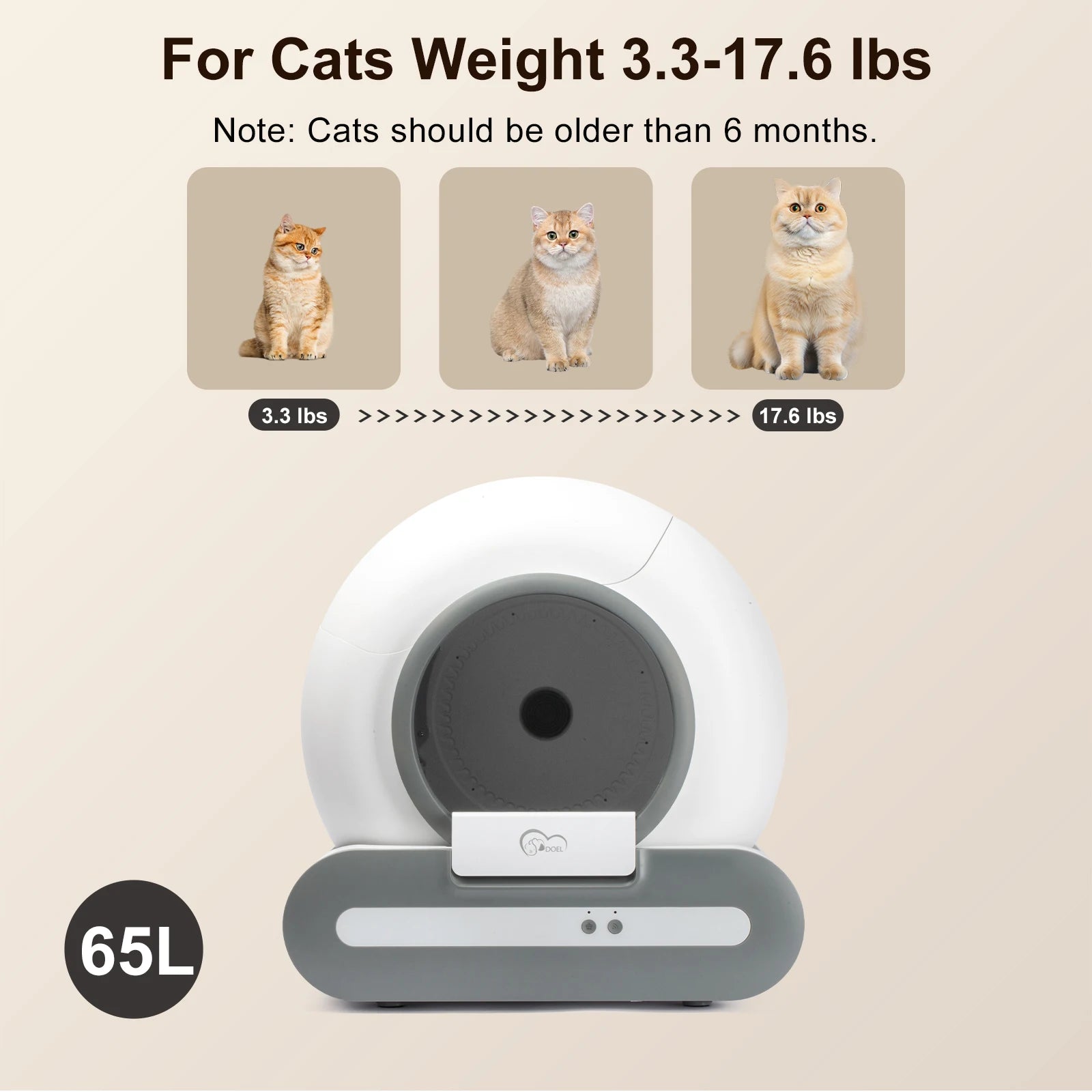 DOEL 65L Self-Cleaning Cat Litter Box App Control, ONLY Supports 2.4G WiFi w/Litter Mat&Trash Bags, Fit for Tofu & Mixed Litter - PrimeNest