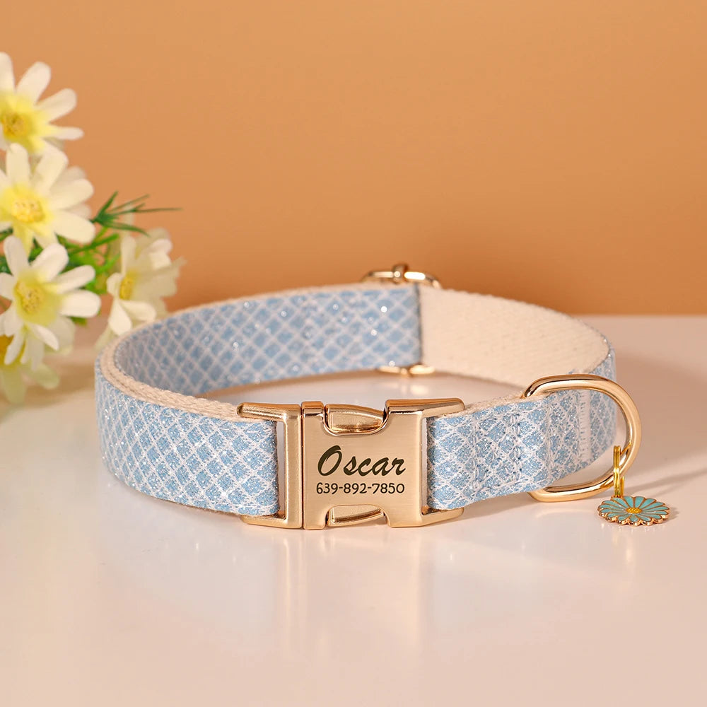Custom Bling Nylon Dog Collar Free Engraved Puppy Dog ID Name Collars With Cute Flower Tag Accessory For Small Medium Dogs Cats - PrimeNest