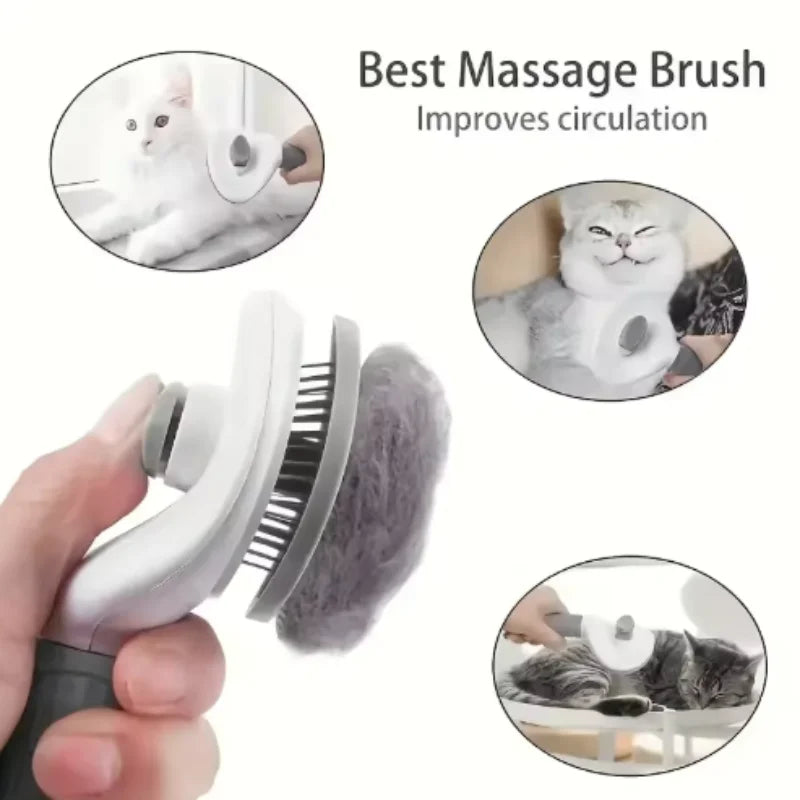 Gray and white massage-style pet brush with curved paddle head and comb teeth