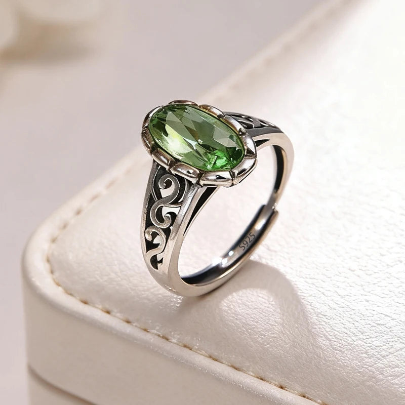 PANJBJ 925 Sterling Silver Hotan Jade Geometric Ring for Women Girl Adjustable Retro Delicate Jewelry Birthday Gift Dropshipping