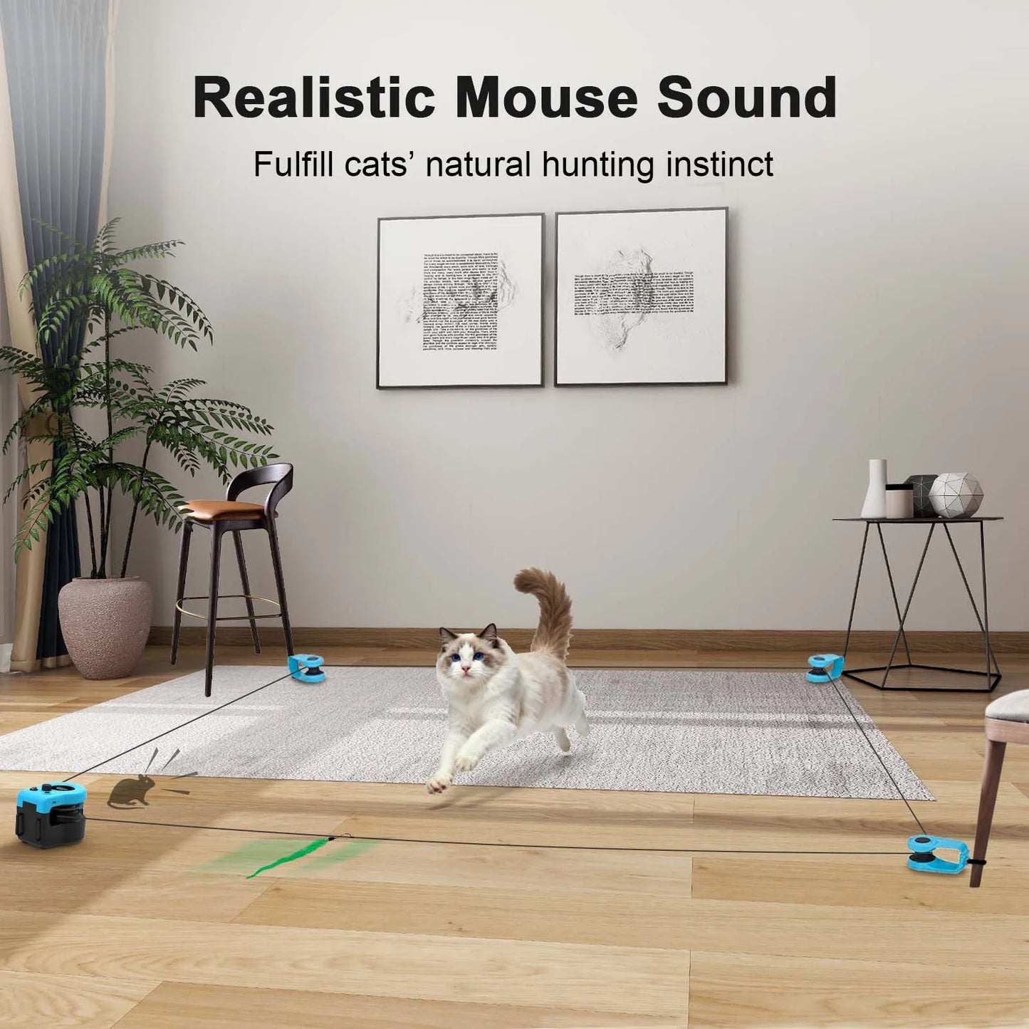 White cat running past a blue interactive treadmill toy with wand attachments