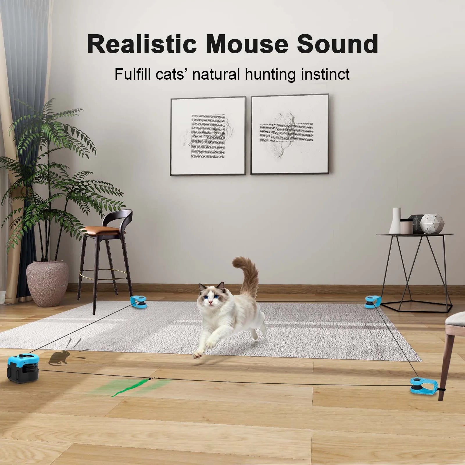 White cat running past a blue interactive treadmill toy with wand attachments
