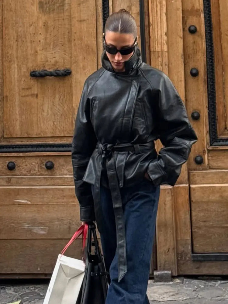 Faux Leather Belted Moto Jacket