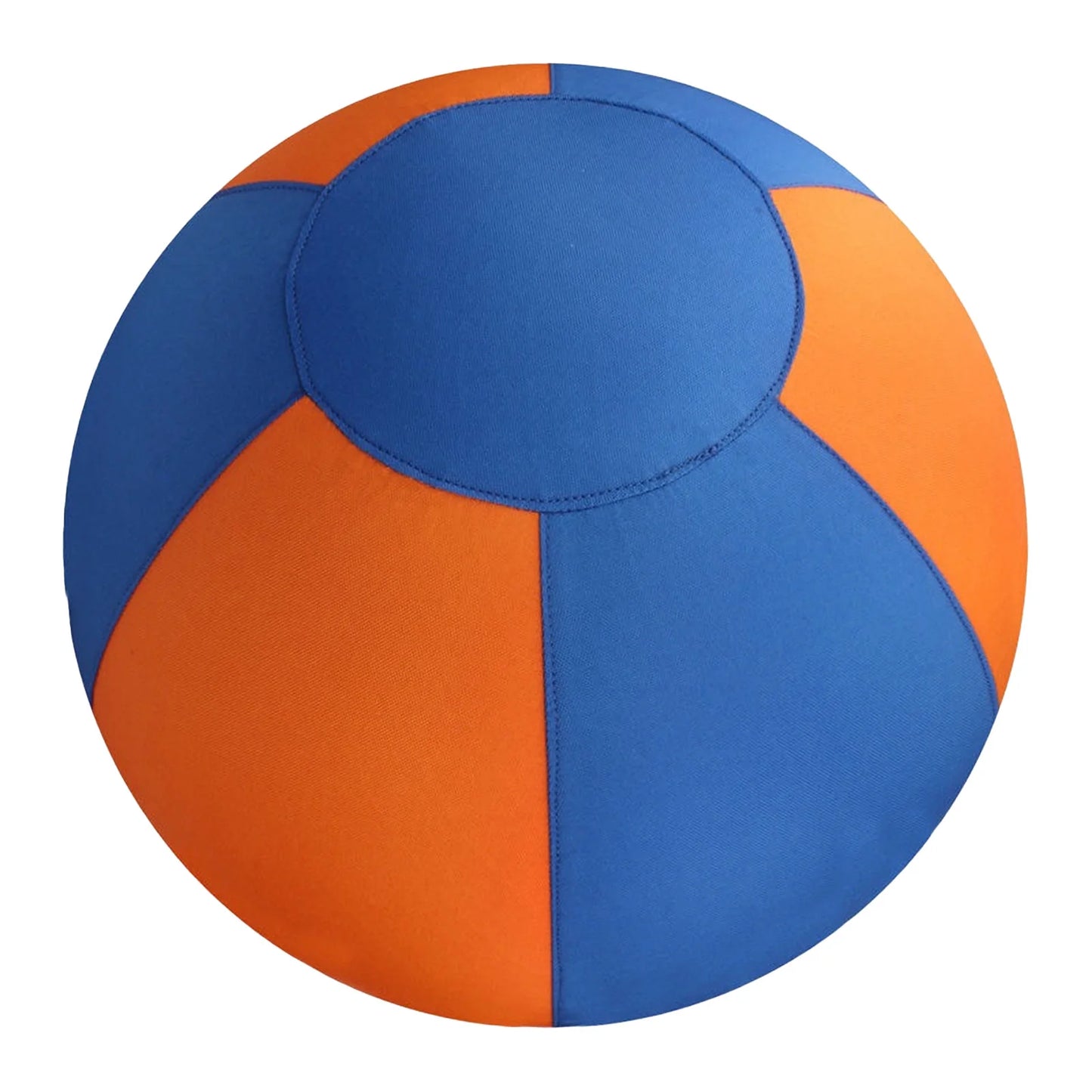 Blue and orange fabric dog ball with stitched panel seams