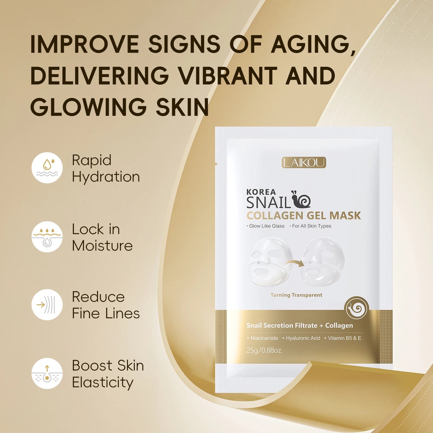 LAIKOU Korea Snail Collagen Essence Mask Hydrating Sheet Mask Anti-Wrinkle Face Mask Firming Skin Care 25g*20pcs - PrimeNest