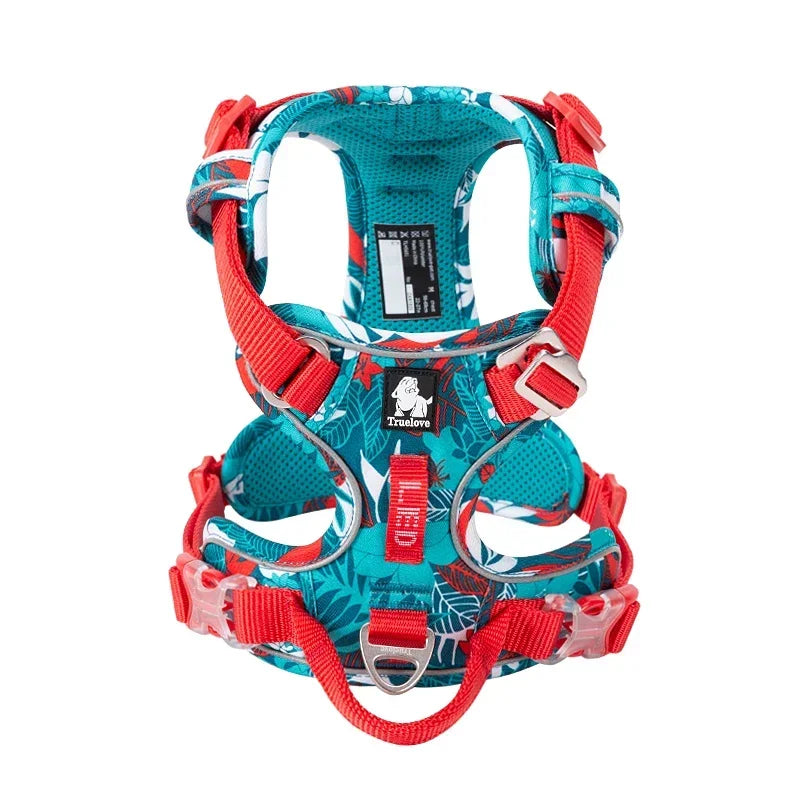 Teal dog harness with red camouflage pattern and front chest straps