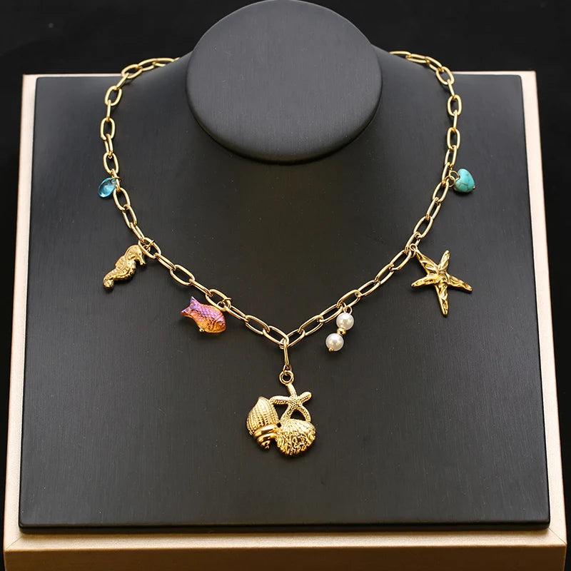 EILIECK 316L Stainless Steel Charms Pearl Star Celadon Pendant Drop Necklace For Women Golden Popular Summer Fashion Jewelry
