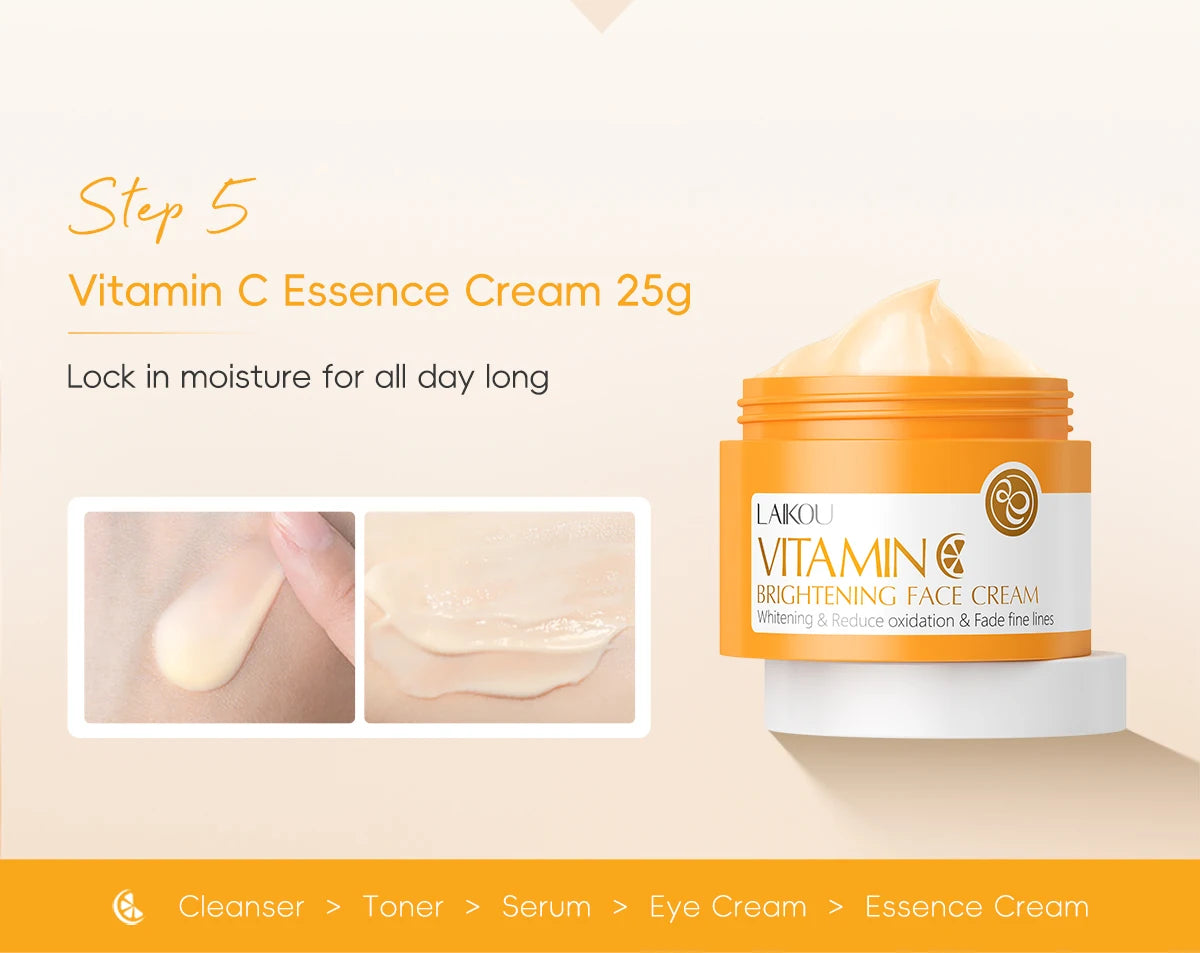LAIKOU VITAMIN C Skincare Set Brightening 5Pcs Kit Even Skin Tone Smooth Wrinkle Tighten Pores Cleanser Toner Serum Eye Cream - PrimeNest