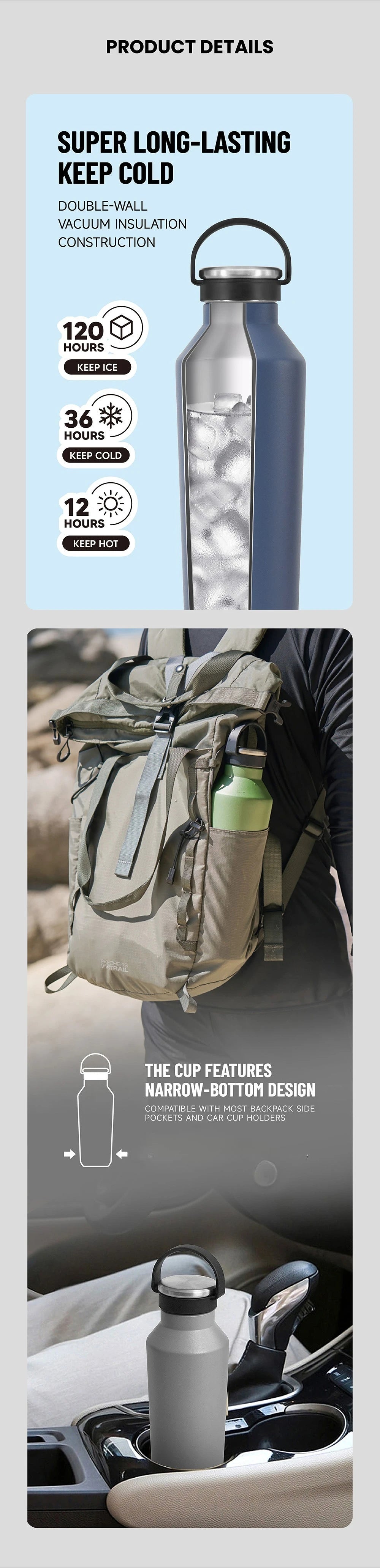 TYESO Cold Insulation Tumbler 304 Stainless Steel Summer Outdoor Sports Climb Vacuum Water Bottle Portable Handheld Cup for Car