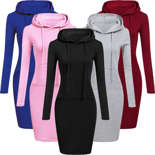 Women’s hooded sweatshirt dress in blue, pink, black, and gray, long sleeves, fitted.