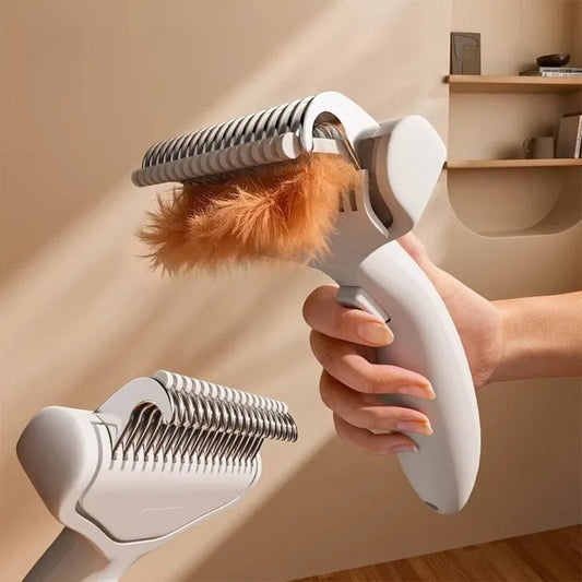 White pet grooming comb with spiral metal pins and comfort grip handle