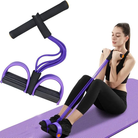 Purple resistance training band with foam handles and foot pedal, two loop cords