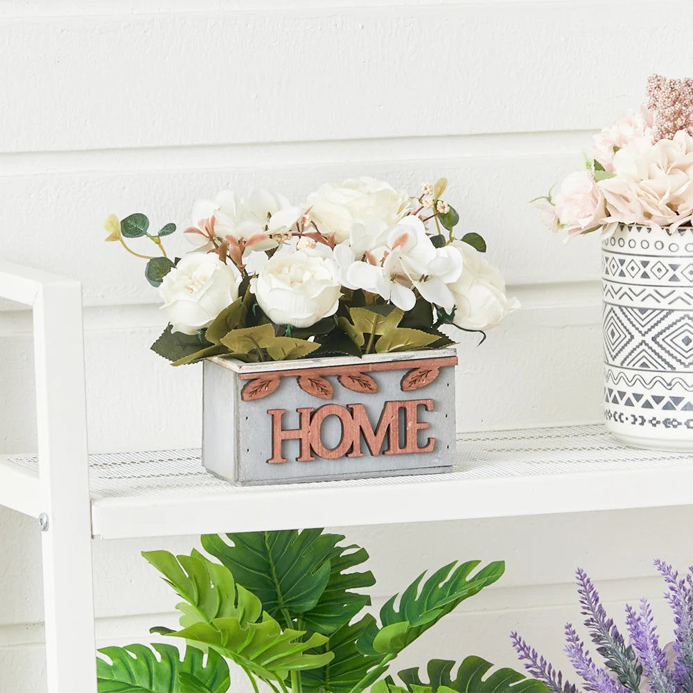 Artificial White Hydrangea in Wooden Pot