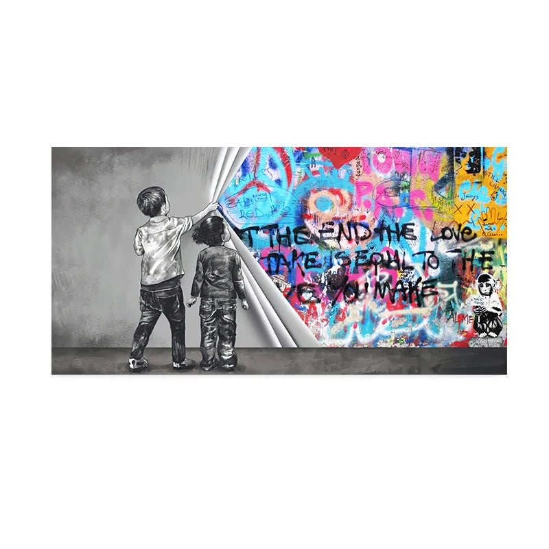 Banks Graffiti Art Fun Two Children Pulling Cloth Posters and Print Canvas Painting Wall Art Pictures for Living Room Home Decor