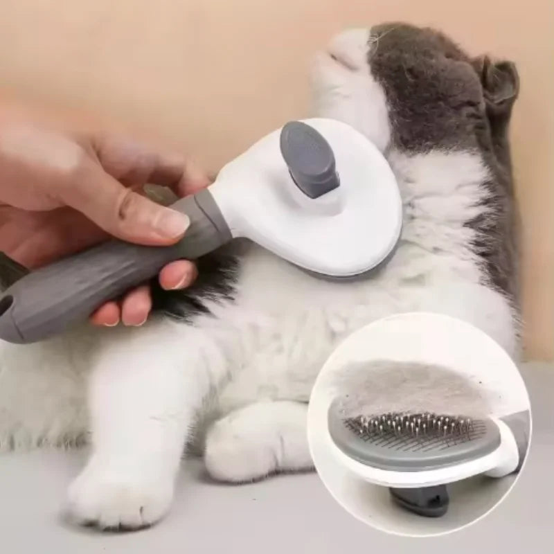 Self-cleaning pet grooming brush with gray handle and white round head for fur removal