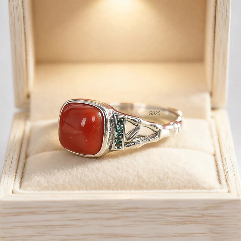 PANJBJ 925 Sterling Silver Hotan Jade Geometric Ring for Women Girl Adjustable Retro Delicate Jewelry Birthday Gift Dropshipping