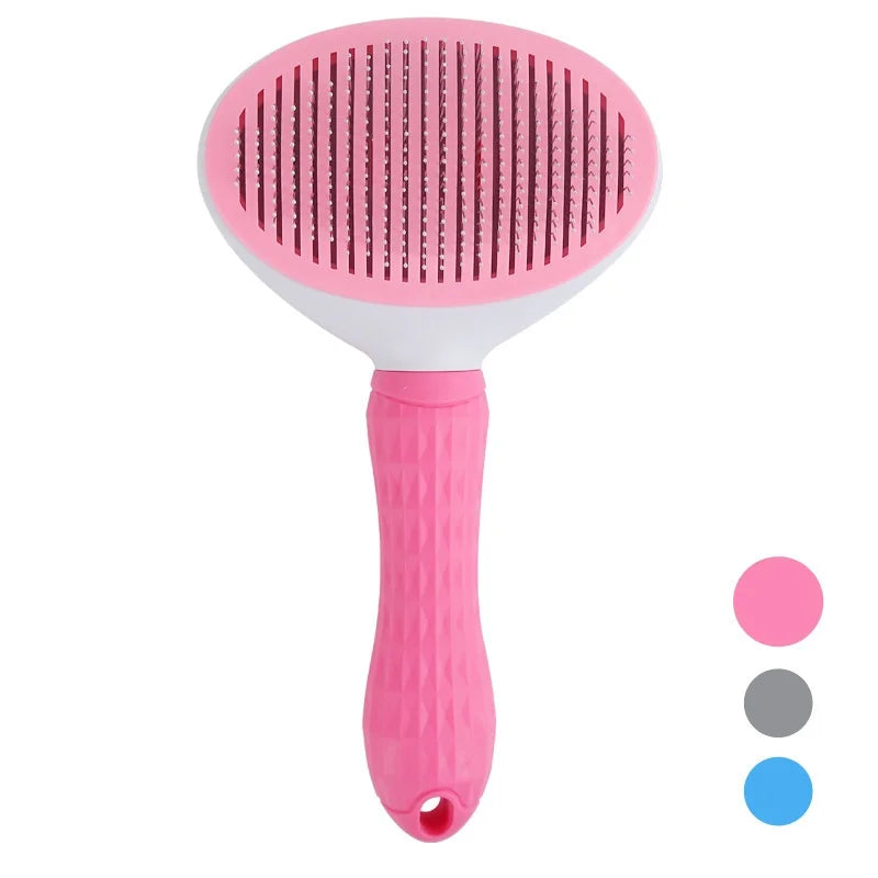 Pink self-cleaning pet brush with oval head and metal pins, textured grip handle