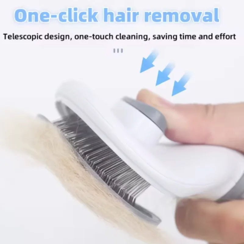 Self-cleaning pet dematting brush with curved gray bristle head and one-touch cleaning