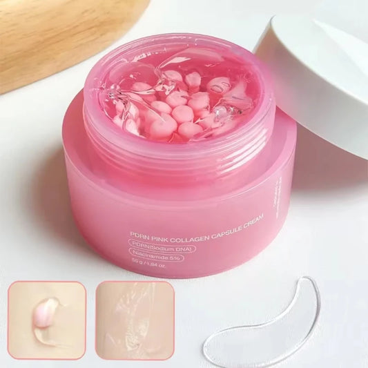 Pink collagen capsule cream jar with open lid, showing small pink gel capsules inside