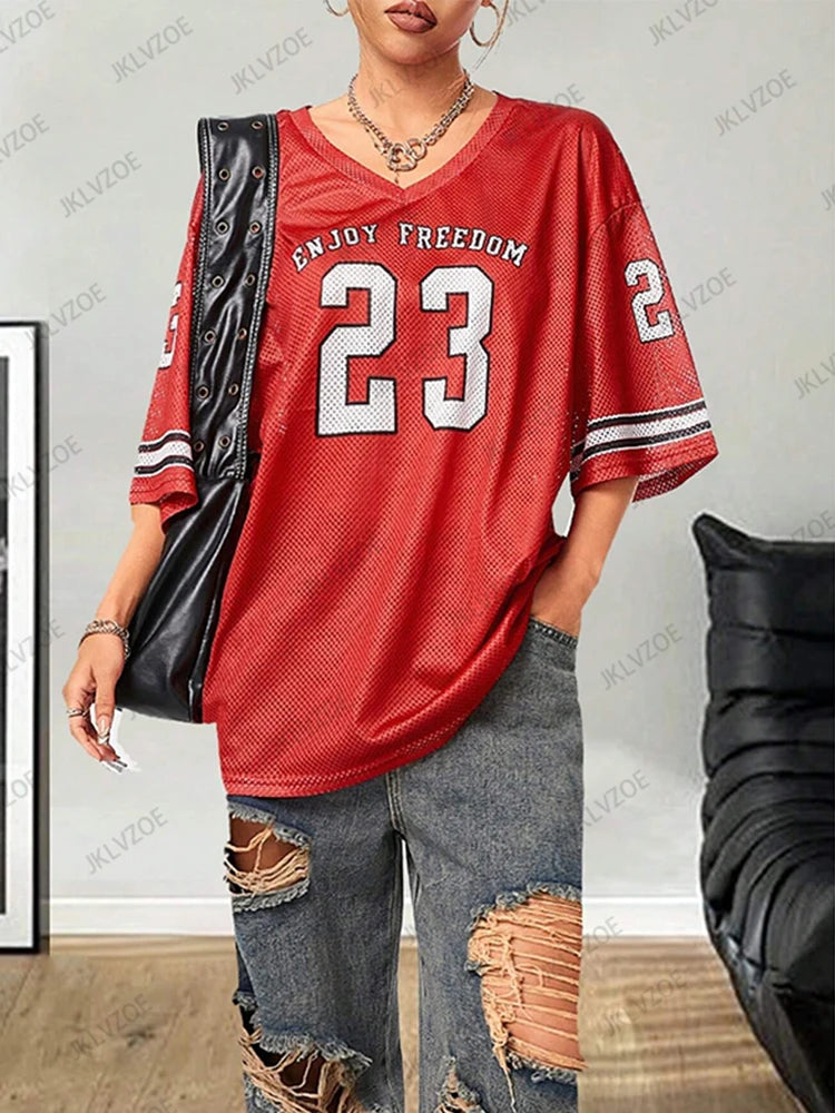 Orange Enjoy Freedom 23 Print T-Shirt For Women Summer New V-Neck Short Sleeve Sports Football Jersey Y2K Loose Oversized Tops