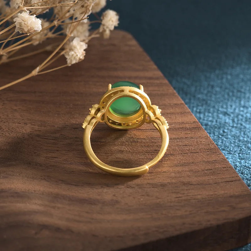 PANJBJ 925 Sterling Silver Hotan Jade Geometric Ring for Women Girl Adjustable Retro Delicate Jewelry Birthday Gift Dropshipping