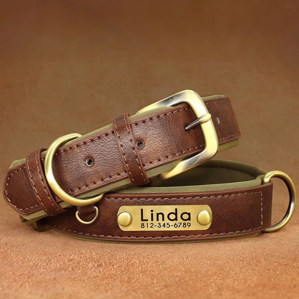 Customized PU Leather Nameplate Dog Collar Soft Padded Dogs Collars Free Engraving Name for Small Medium Large Dogs Adjustable - PrimeNest