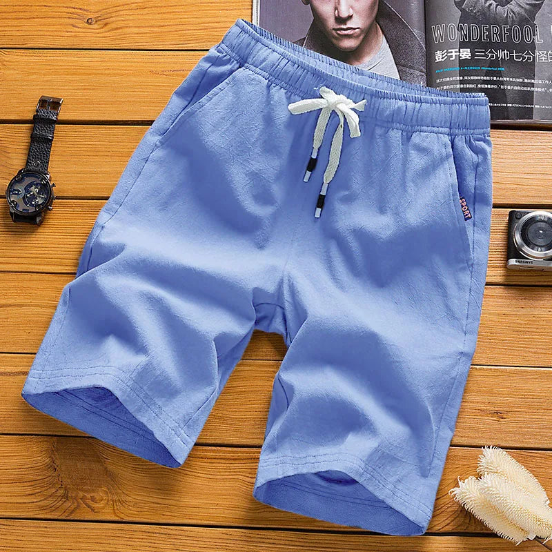Men's casual drawstring shorts with elastic waist, light blue knee-length