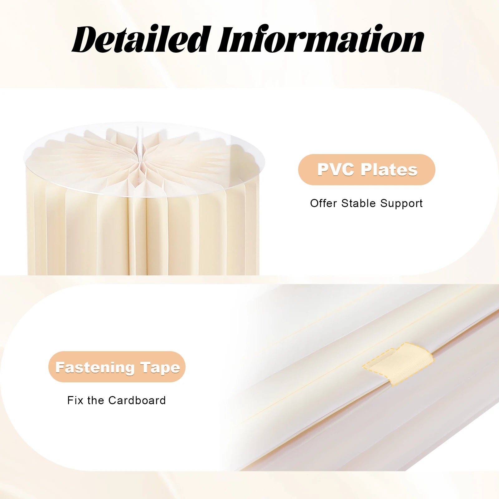 Milky white cardboard flower stand set showing PVC base plates and fastening tape details
