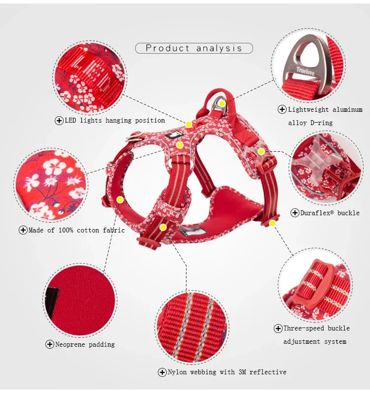 Product analysis of red floral cotton no-pull harness: padding, buckles, reflective webbing