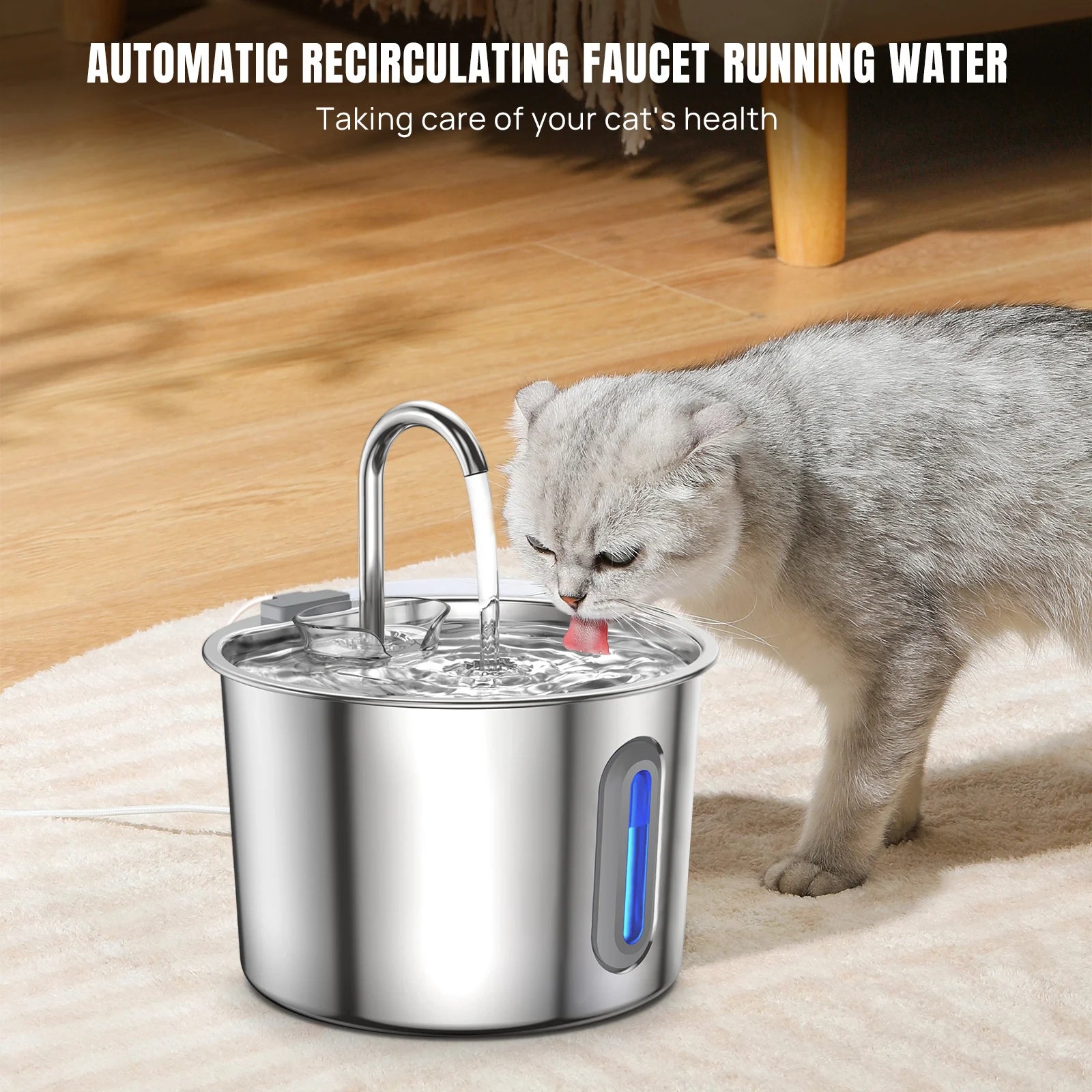 Stainless steel pet water fountain with running water and blue LED indicator
