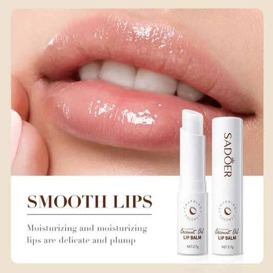 Coconut lip balm with two white SADOR tubes, applied on glossy pink lips