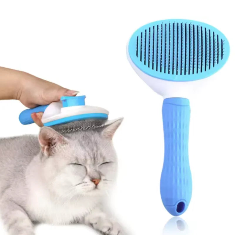 Blue pet grooming brush with rubber bristle paddle head and ergonomic handle