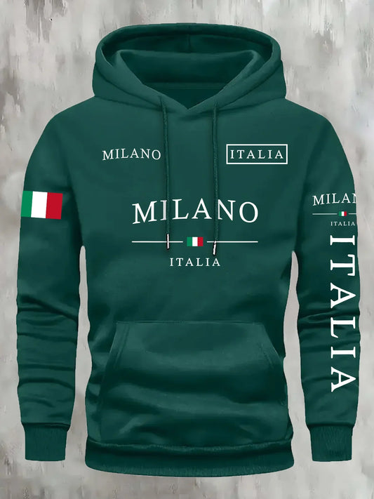 Green oversized couple hoodie sweatshirt with front Milano Italia graphic and flag details