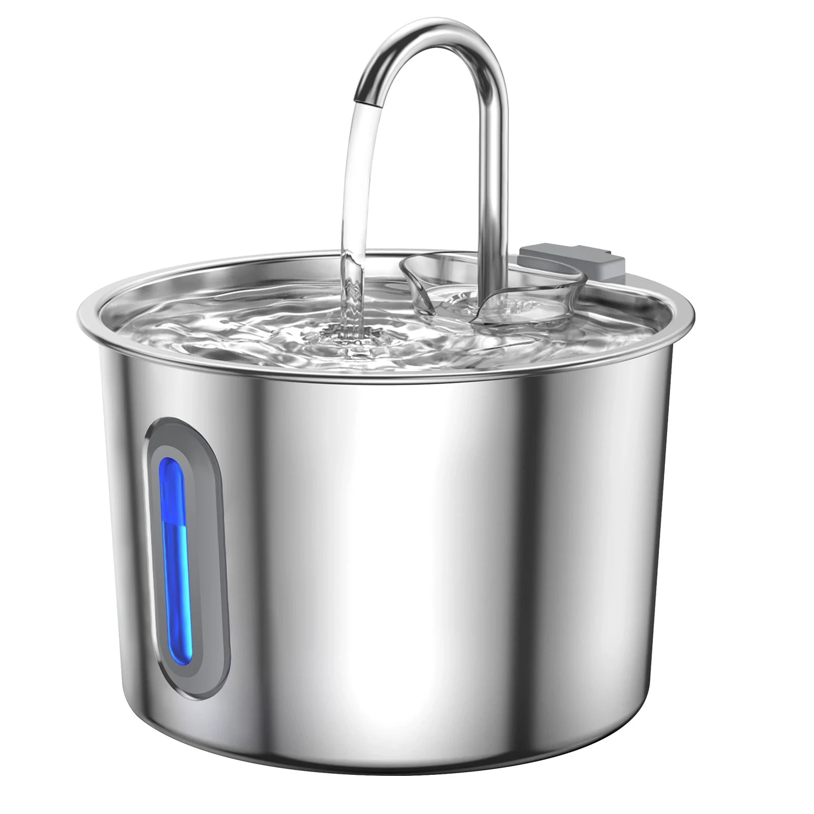 Stainless steel cat water fountain with blue LED light and curved drinking faucet