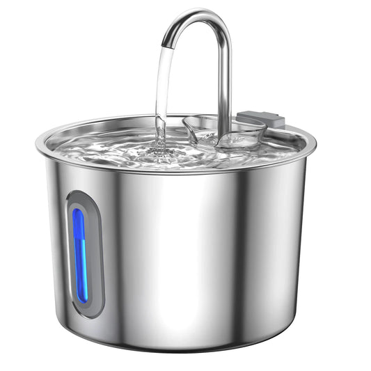 Stainless steel cat water fountain with blue LED light and curved drinking faucet