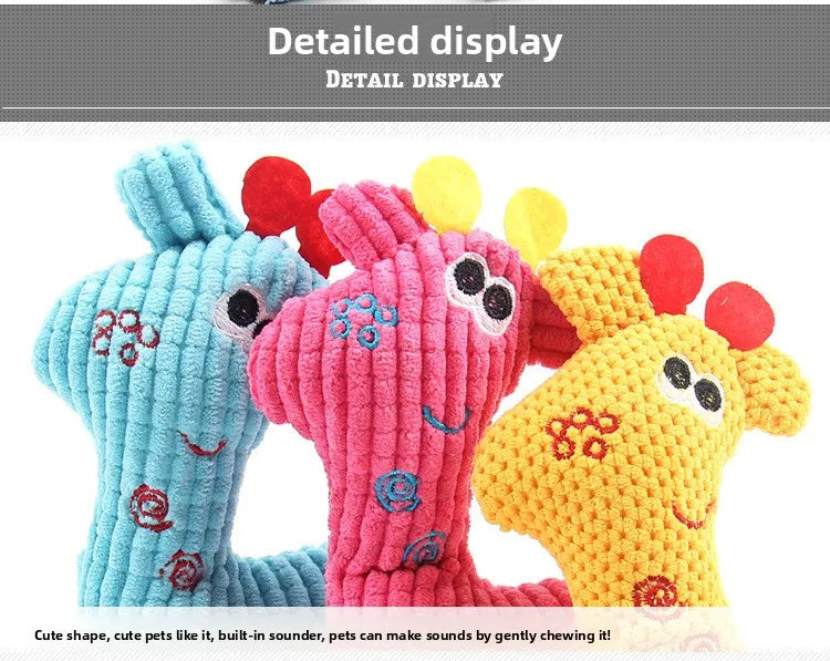 Plush squeaky zoo animal dog toys trio in blue, pink, and yellow with rope details