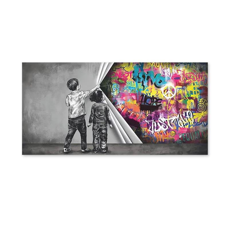 Banks Graffiti Art Fun Two Children Pulling Cloth Posters and Print Canvas Painting Wall Art Pictures for Living Room Home Decor