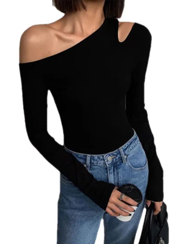Fashion Skew Collar Off-shoulder Long-sleeved T-shirts Women Spring New Solid Slim Fit Crop Top Sexy Hollow Out Tees Shirts - PrimeNest