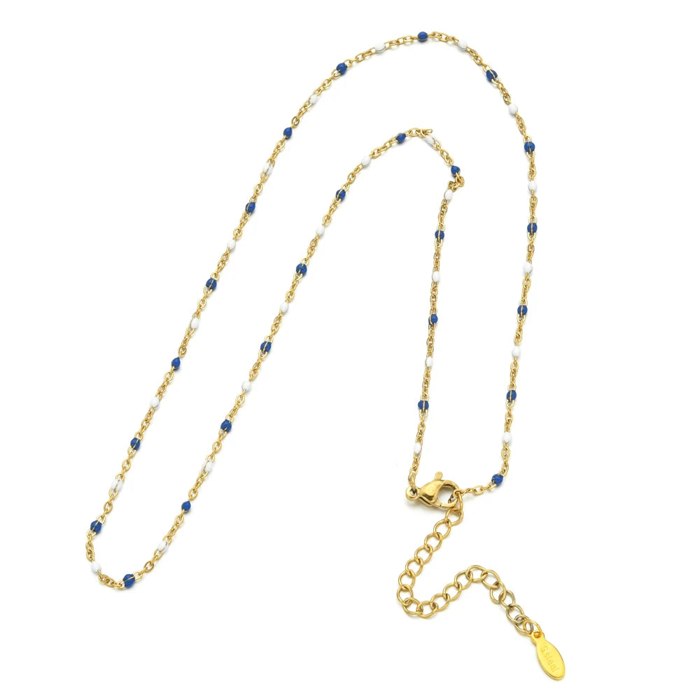 ZMZY Hot Pink Stainless Steel Link Cable Chain Fashion Gold Color Satellite Enamel Beads Necklace for Women Chic Summer Gift