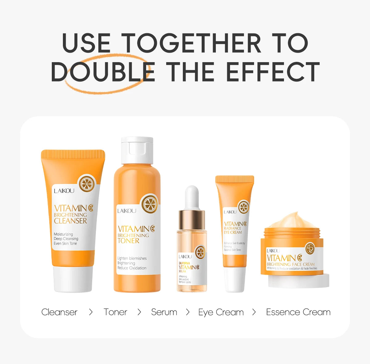 LAIKOU VITAMIN C Skincare Set Brightening 5Pcs Kit Even Skin Tone Smooth Wrinkle Tighten Pores Cleanser Toner Serum Eye Cream - PrimeNest