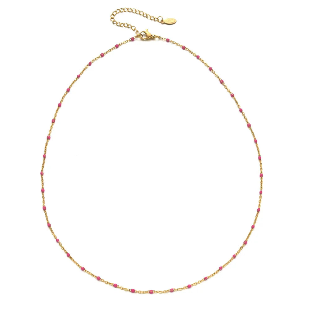 ZMZY Hot Pink Stainless Steel Link Cable Chain Fashion Gold Color Satellite Enamel Beads Necklace for Women Chic Summer Gift