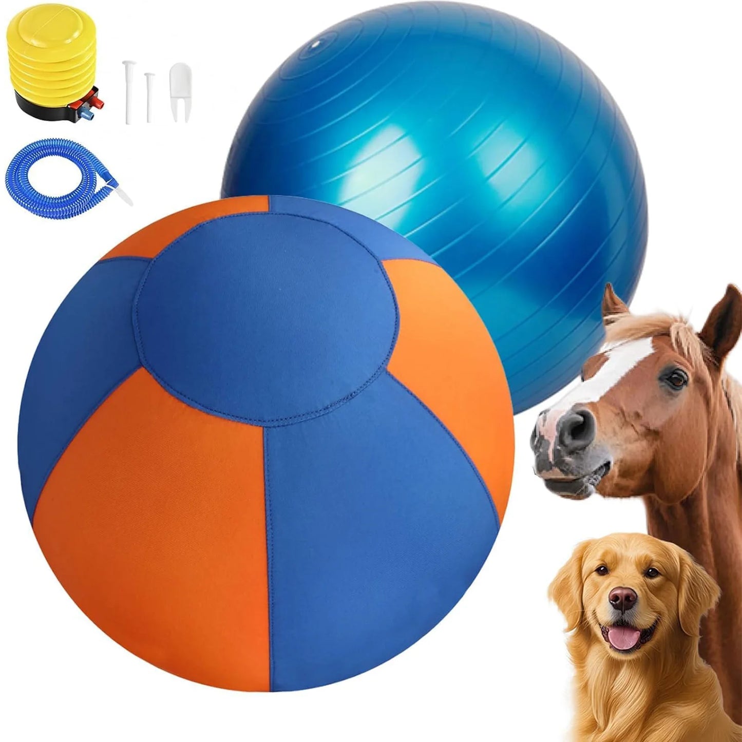 Blue and orange fabric herding ball with pump and accessories kit