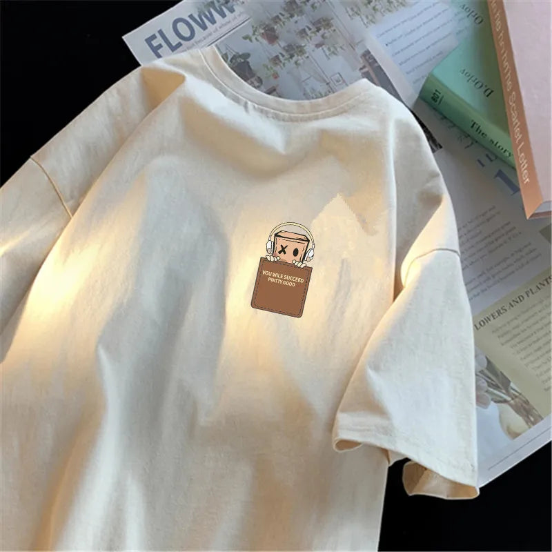 White oversized unisex T-shirt with small chest graphic patch