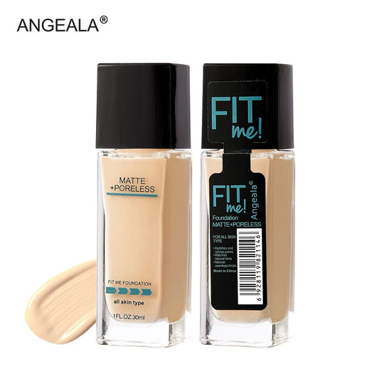 Matte poreless full coverage liquid foundation bottle with shade swatch, cream-beige tone